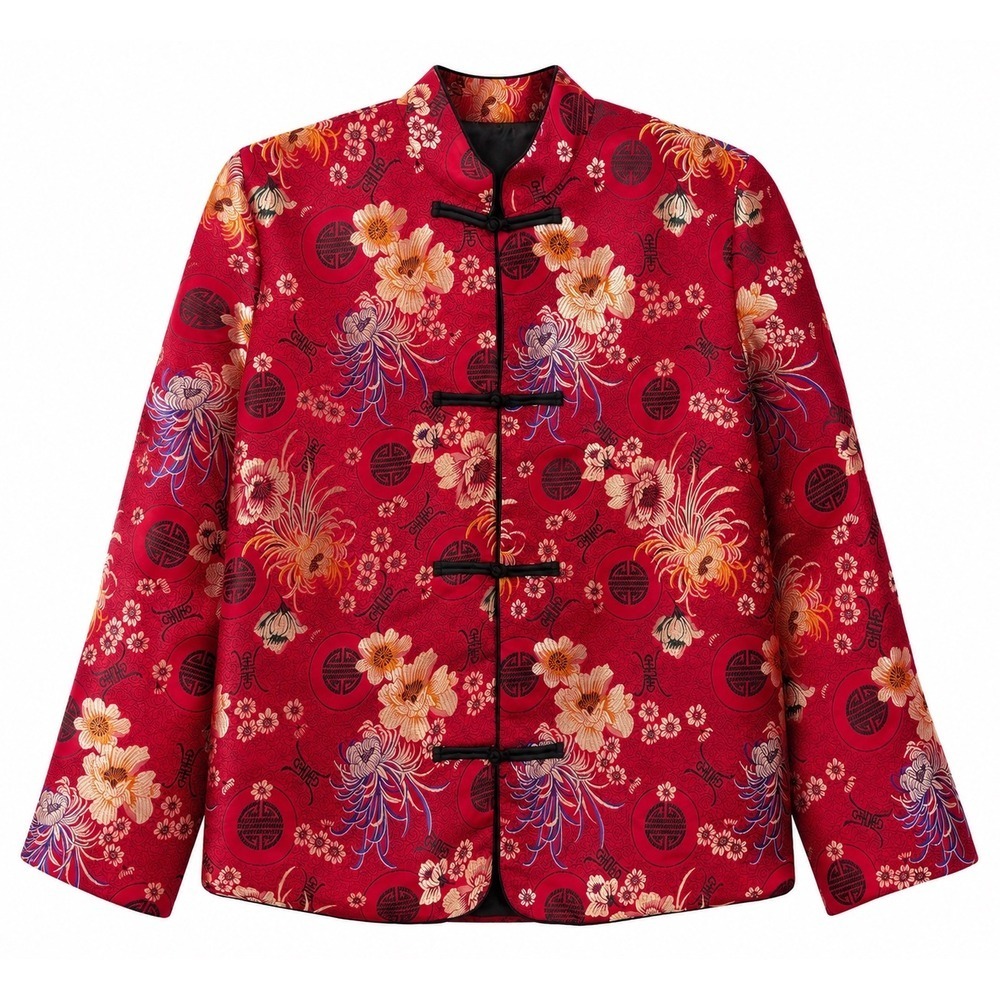 Chico's Silk Blend Mandarin Collar Jacket Red Gold Embroidered Size 0 (US S)